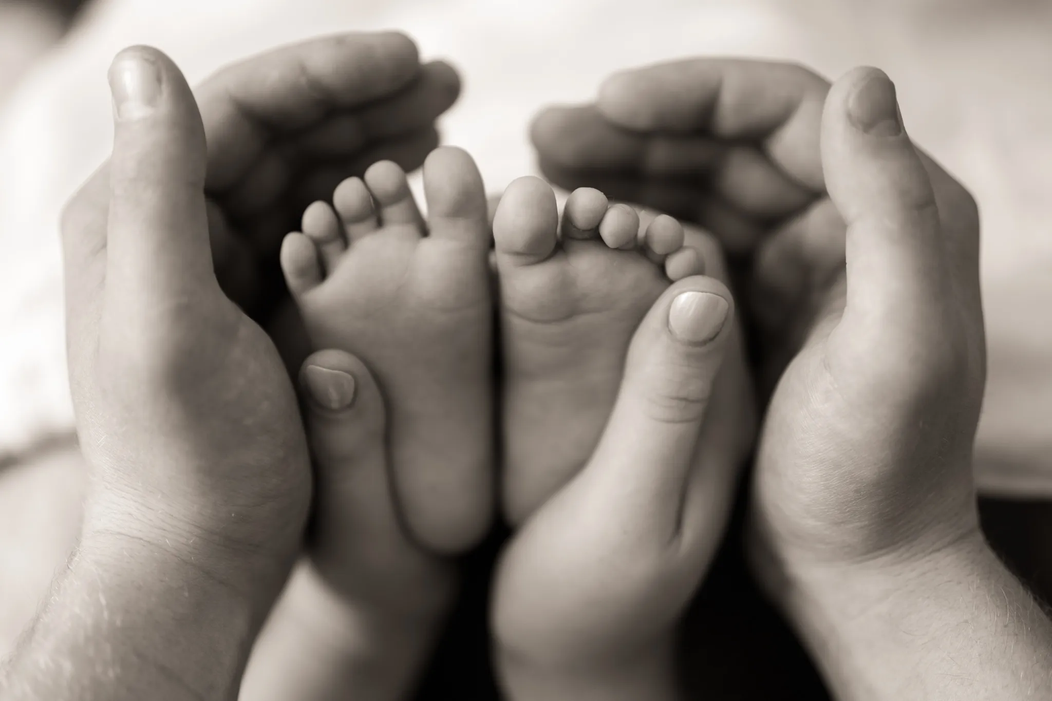 Pieds bébé, entourés mains parents, sepia.