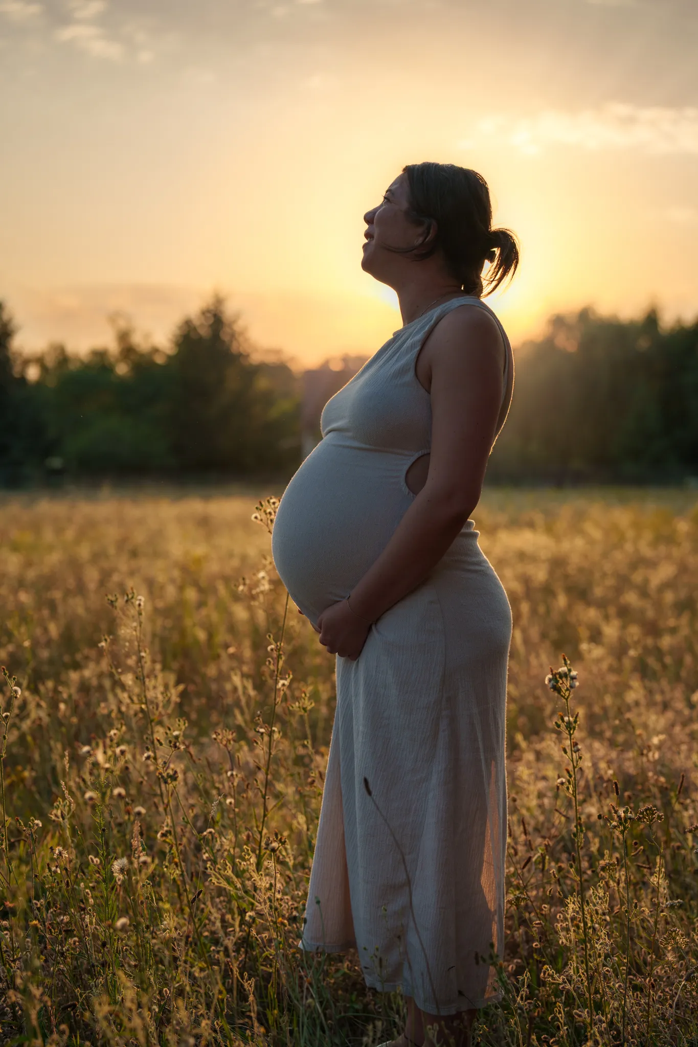 profil de femme enceinte dans champ en lumière dorée
